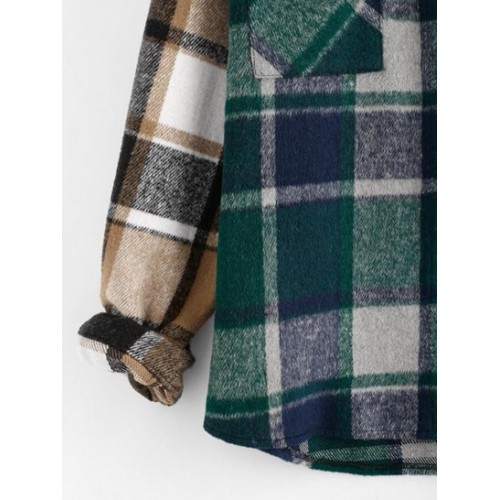 Color Blocking Plaid Checked Flannel Chest Pocket Shacket