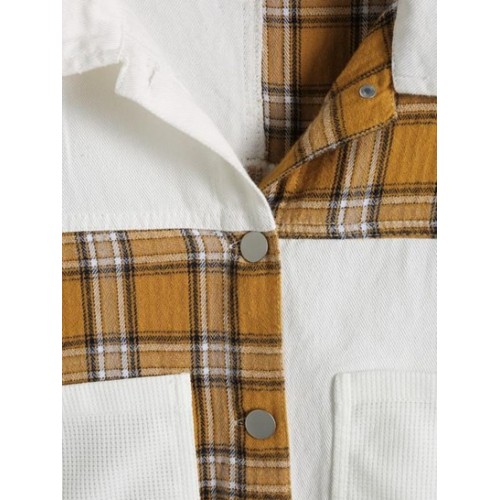 Ripped Plaid Panel Front Pockets Jacket