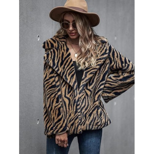 Zebra Fluffy Faux Fur Open Front Coat