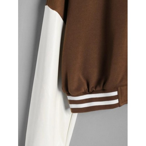 Cropped Fleece-lined Faux Leather Sleeve Baseball Jacket