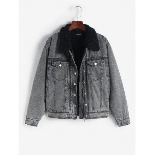 Faux Shearling Lined Pocket Zip Denim Jacket