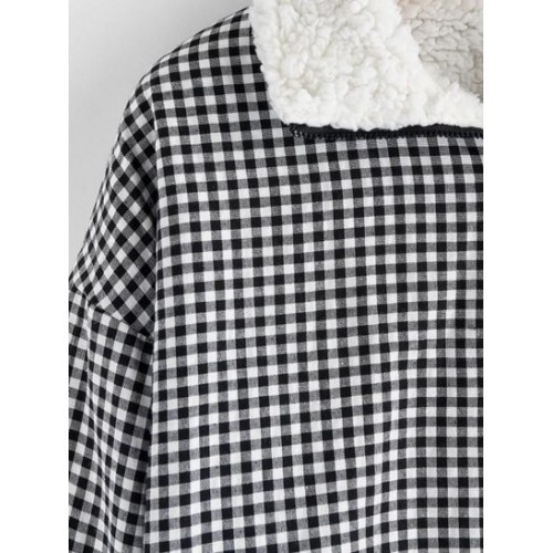 Gingham Drop Shoulder Faux Fur Lining Coat