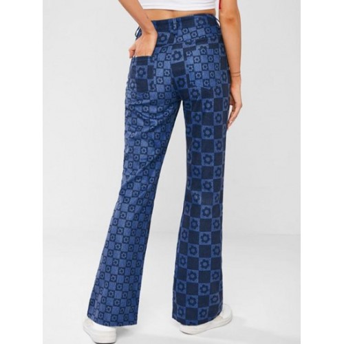 Checkerboard Floral Print Boot Cut Jeans