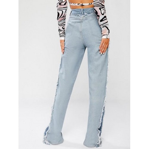 Frayed Reverse Patchwork Split Hem Jeans