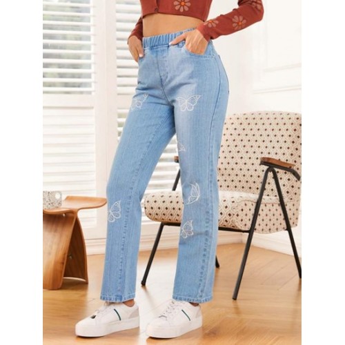 Mid Rise Straight Butterfly Embroidered Jeans