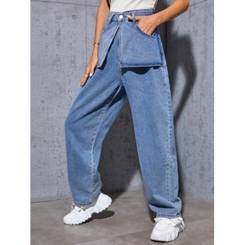 High Waisted Layered Pockets Baggy Jeans