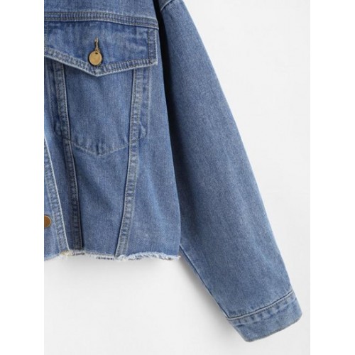 Flap Detail Frayed Hem Denim Jacket