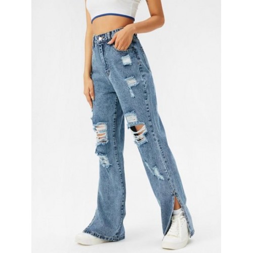 Distressed Slit High Waisted Straight Jeans