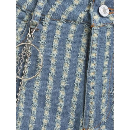 Distressed Step Hem Chain Embellished Bermuda Jeans