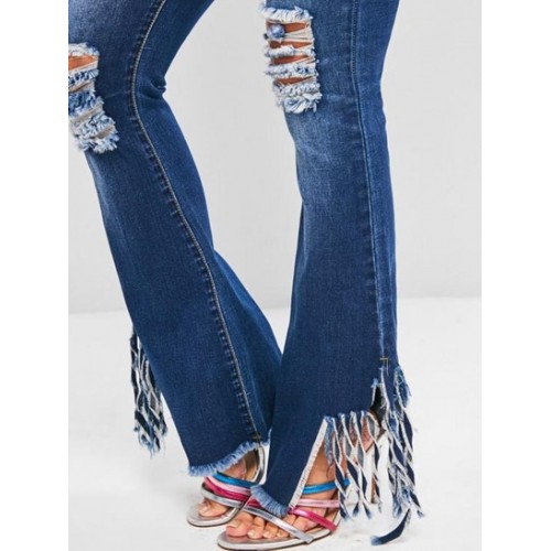 Ripped Fringed Distressed High Waisted Flare Jeans