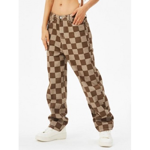 High Waisted Checkerboard Pattern Wide Leg Jeans