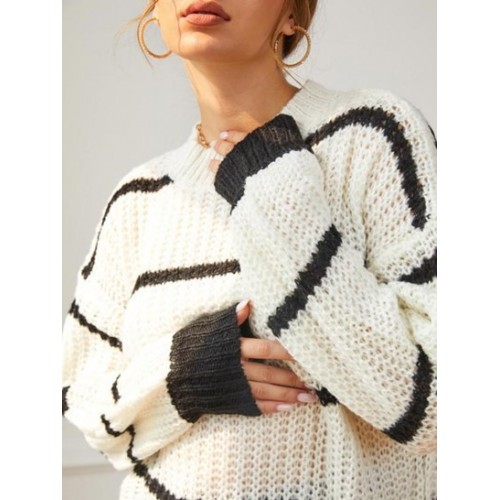 Chunky Knit Striped Balloon Sleeve Sweater