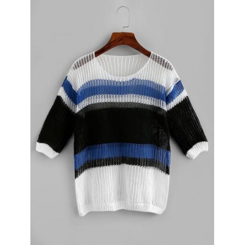 Openwork Drop Shoulder Wide Stripes Sweater