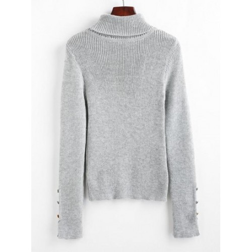 Turtleneck Buttoned Slit Cuff Slim Sweater