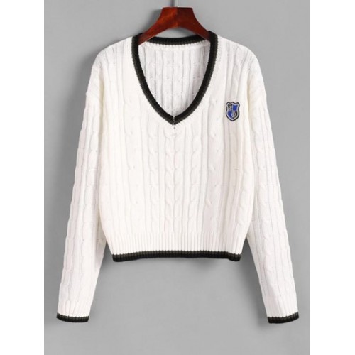 V Neck Preppy Stripes Badge Patched Sweater