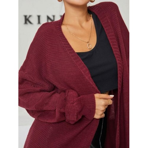 Long Open Front Pointelle Knit Cardigan