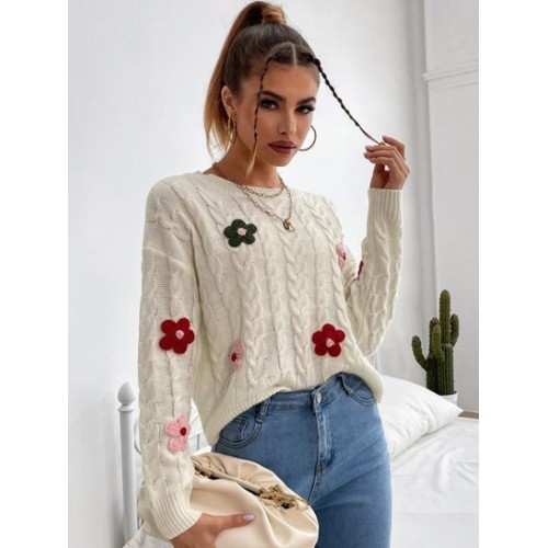 Crew Neck Floral Applique Cable Knit Sweater