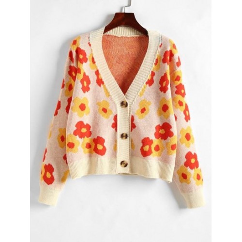 V Neck Floral Button Up Cardigan