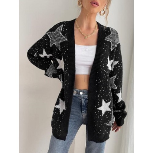 Open Front Star Graphic Tunic Cardigan