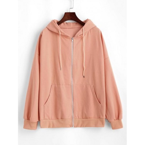 Pockets Drawstring Zip Up Oversize Hoodie