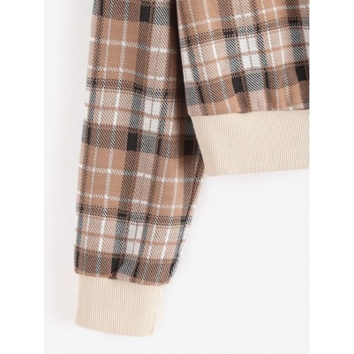 Ribbed Trim Plaid Double-v Sweatshirt