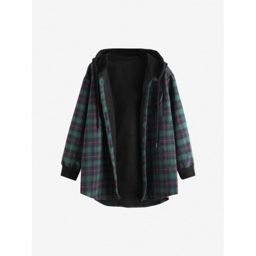 Plaid Button Up Pocket Hooded Coat