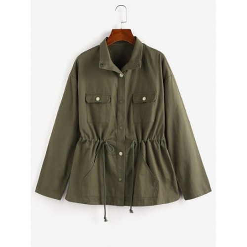 Drop Shoulder Drawstring Waist Pockets Jacket