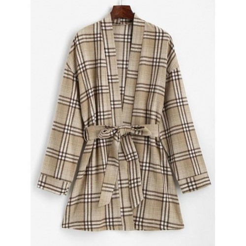 Belted Plaid Longline Robe Coat