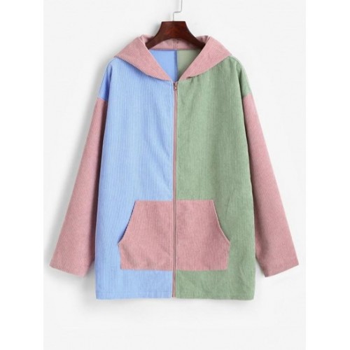 Hooded Corduroy Color Blocking Zip Pocket Coat