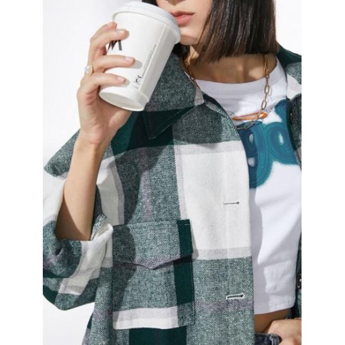 Plaid Front Pocket Wool Blend Coat