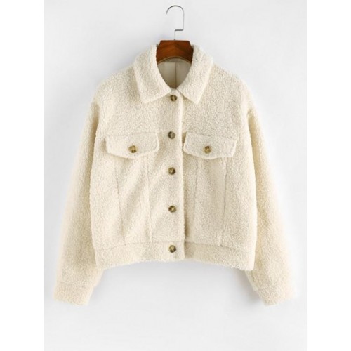 Flap Detail Button Up Fluffy Teddy Jacket