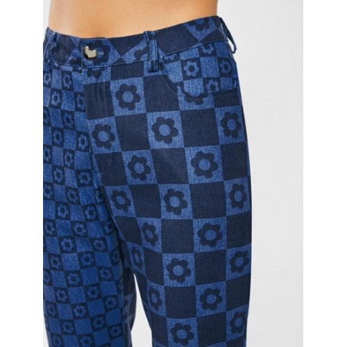 Checkerboard Floral Print Boot Cut Jeans