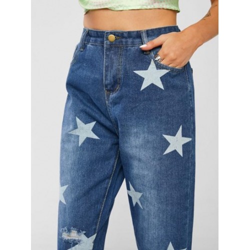 Star Print Ripped Stepped Hem Tapered Jeans