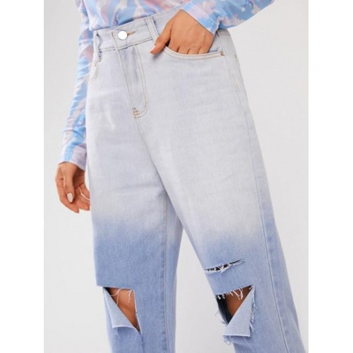 Dip Dye Ripped Frayed Wide Leg Jeans