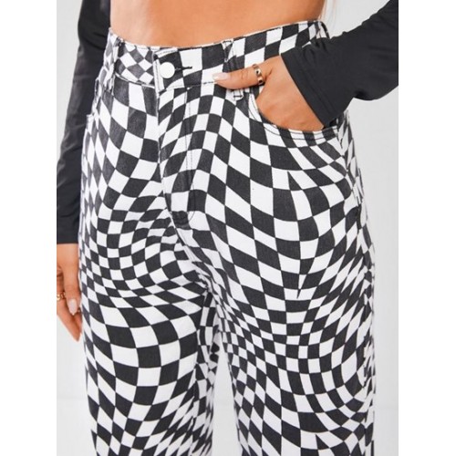 Baggy Op Art Checkerboard Wide Leg Jeans