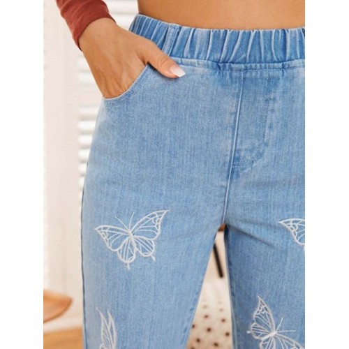 Mid Rise Straight Butterfly Embroidered Jeans