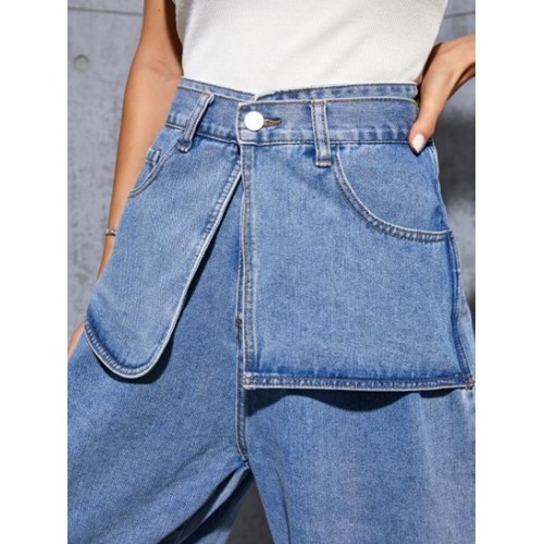 High Waisted Layered Pockets Baggy Jeans