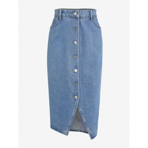 Button Fly Slit Midi Denim Skirt