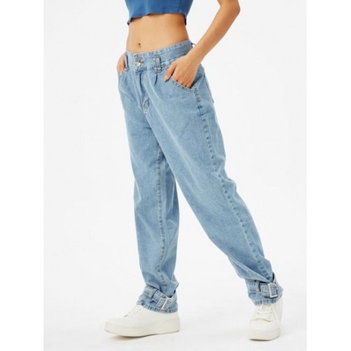 Buckle Hem High Waisted Straight Jeans