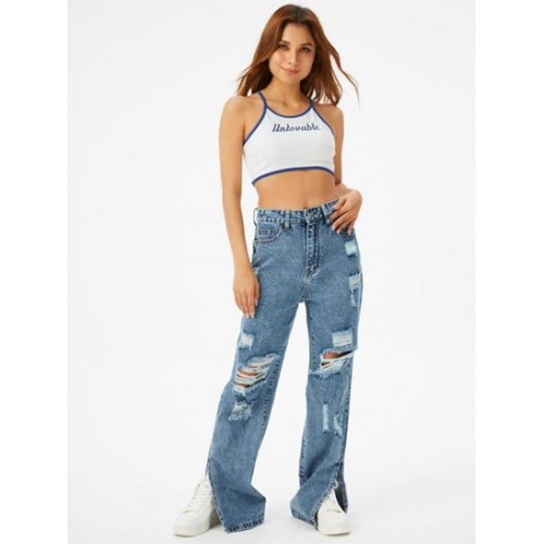 Distressed Slit High Waisted Straight Jeans