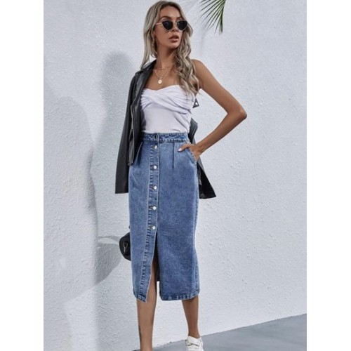 Button Up Midi Jean Skirt