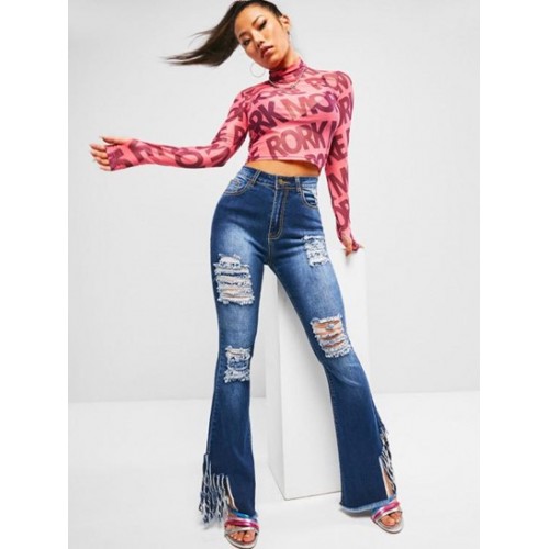 Ripped Fringed Distressed High Waisted Flare Jeans