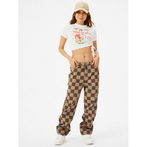 High Waisted Checkerboard Pattern Wide Leg Jeans