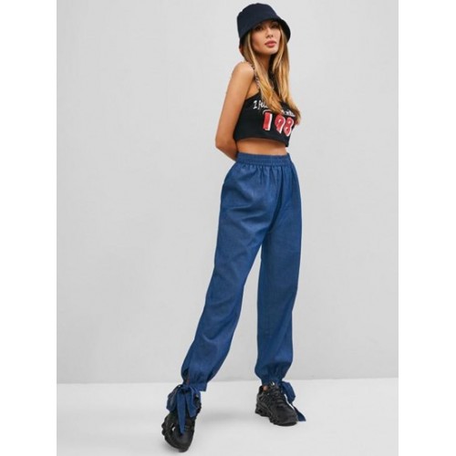 Chambray Knotted Hem Loose Pants